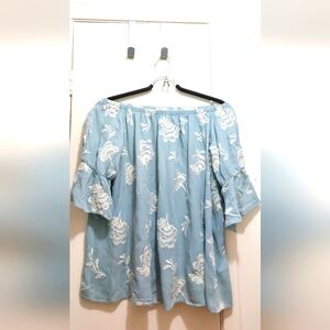 Festival-Ready Blue Off-the-ShoulderTop /floral Design